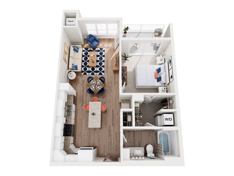 Floor plan for 1 bed, 1 bath, 744 sqft